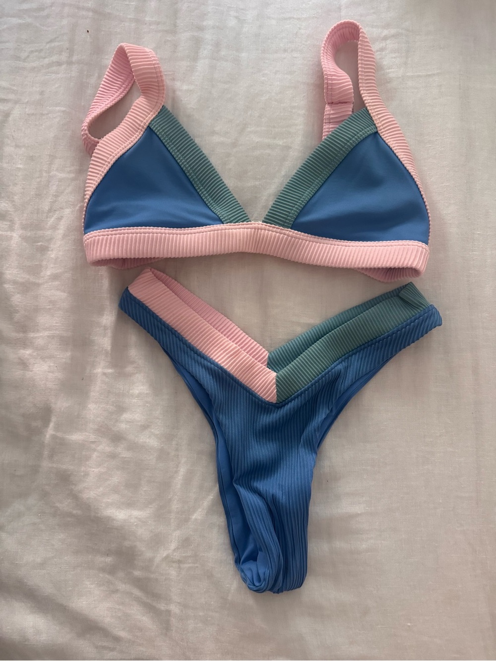 Blue & Pink Colorblock Ribbed Bikini Set